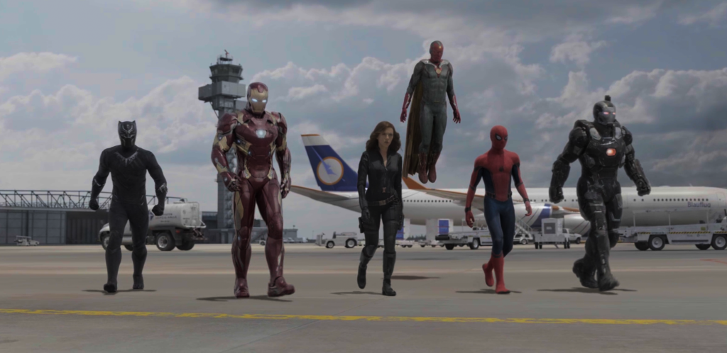 Tony Stark (Iron Man) T'Challa (Black Panther), Natasha Romanoff (Black Widow), Vision, Peter Parker (Spider-Man) et James Rhodes (War Machine) - Captain America : Civil War (2016)